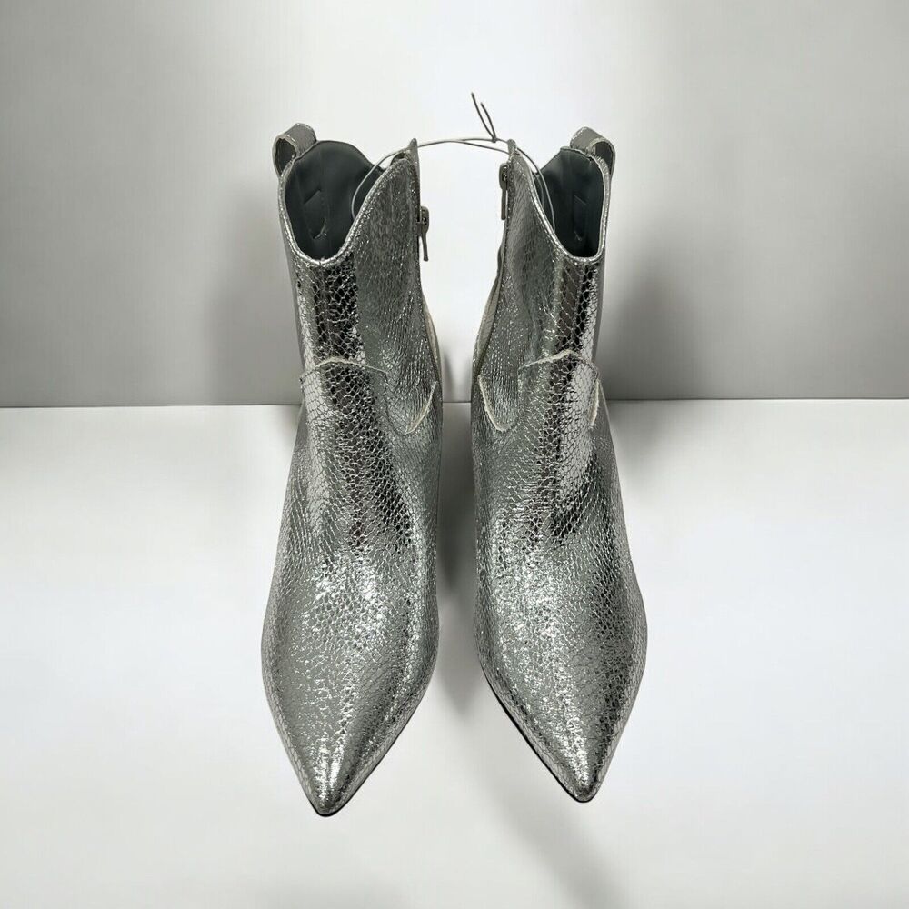 Guess Women’s Silver Snakeskin Pattern Ankle Boots With Stliletto Heel Size 9